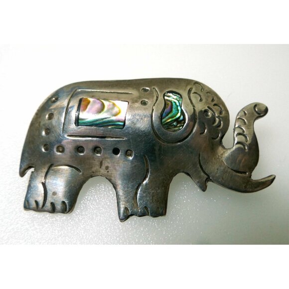 Mexican Sterling Silver & Abalone Shell Elephant Brooch Signed MR - Picture 1 of 3
